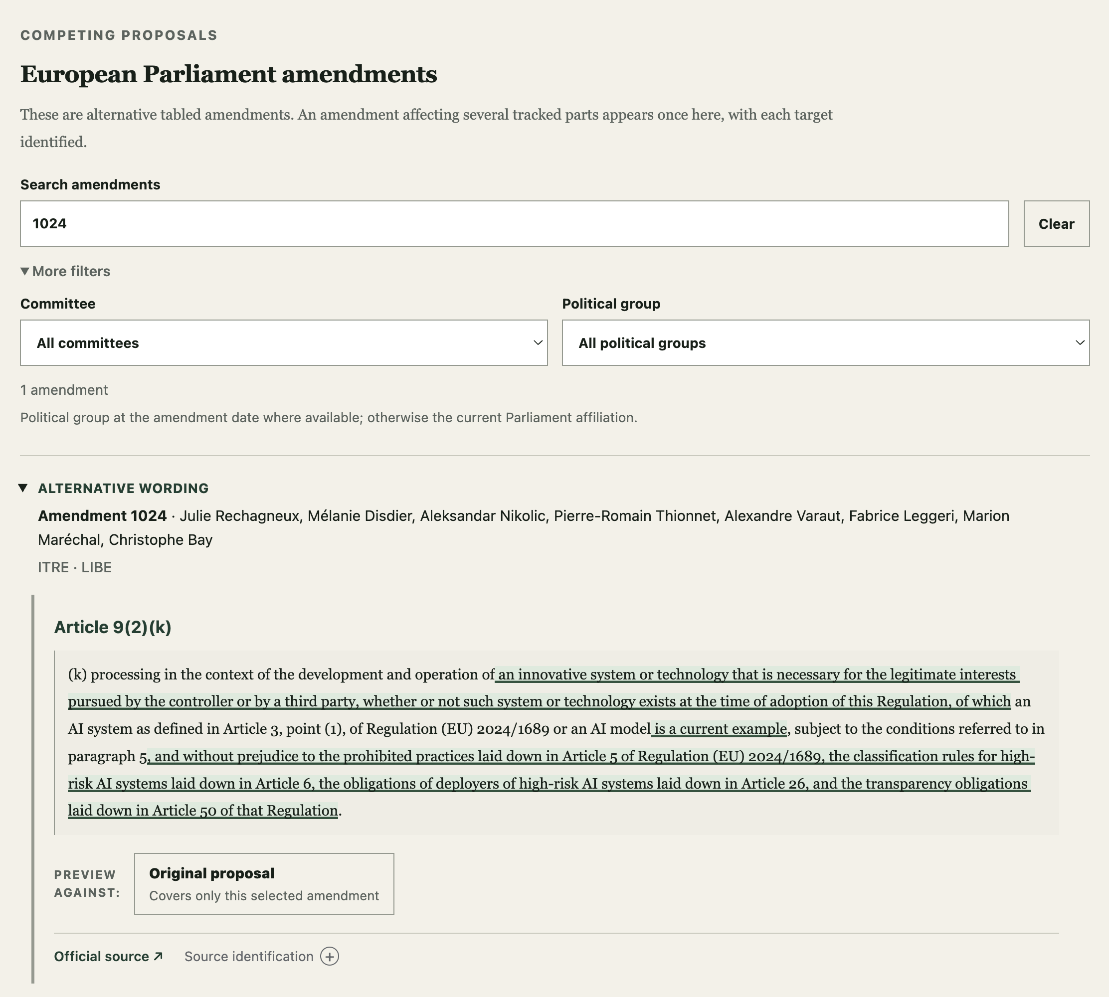 Amendment search with committee and political-group filters expanded, and Amendment 1024 proposing alternative wording for GDPR Article 9(2)(k), with sponsors, highlighted additions, the Original proposal preview control and source links.